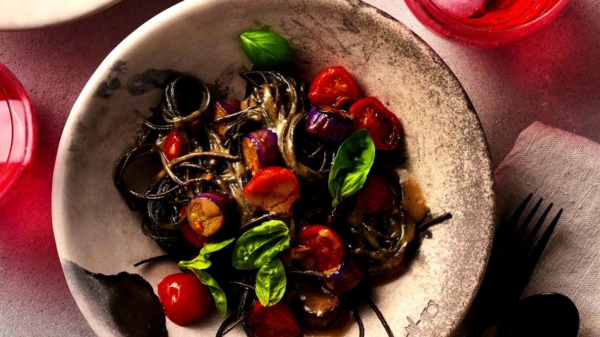 Image of Black Bean Spaghetti with sautéed tomatoes and garlic